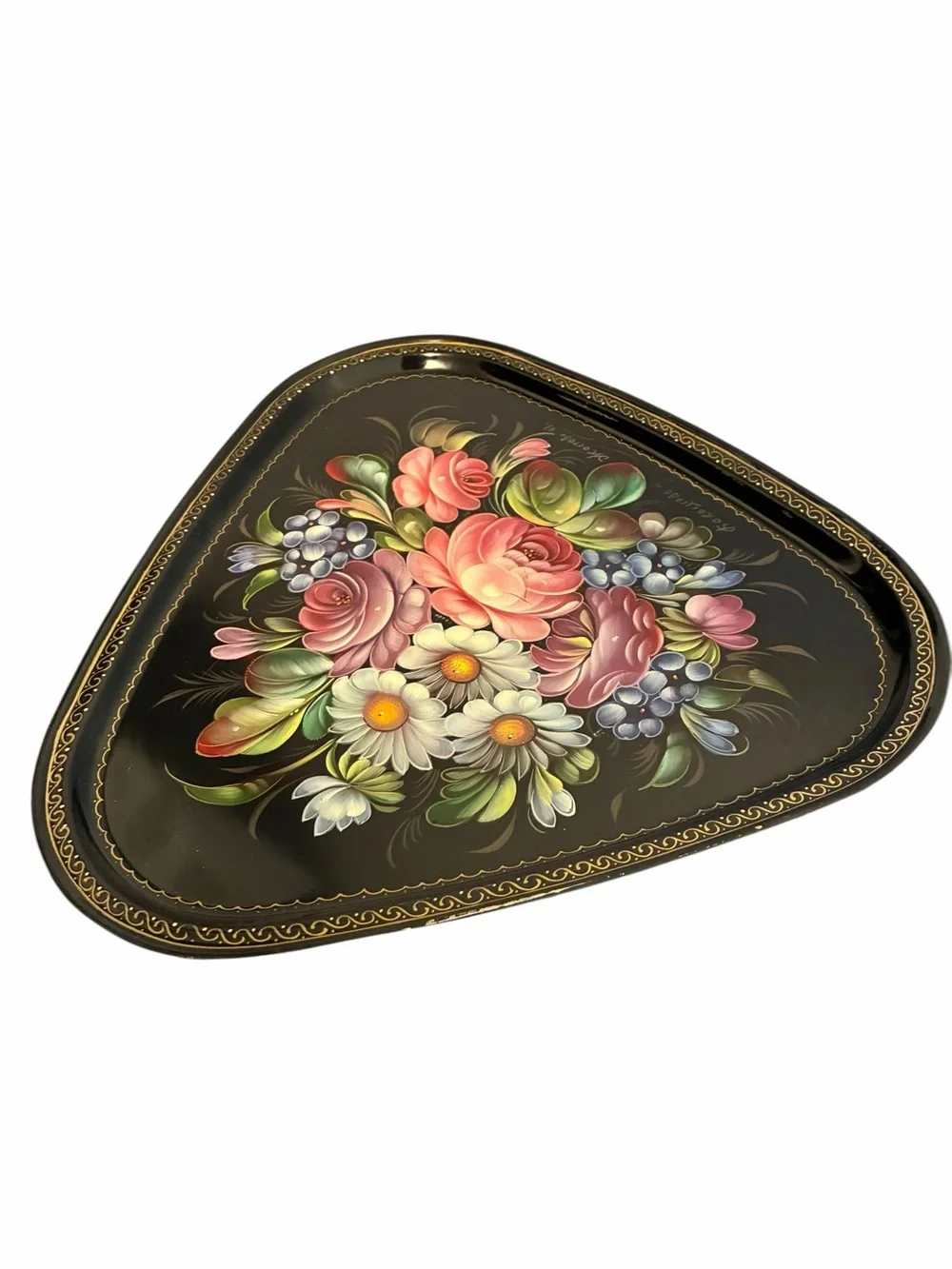 Vintage 1993 Signed Zhostovo Russian Hand Painted Floral Metal Triangular Tray